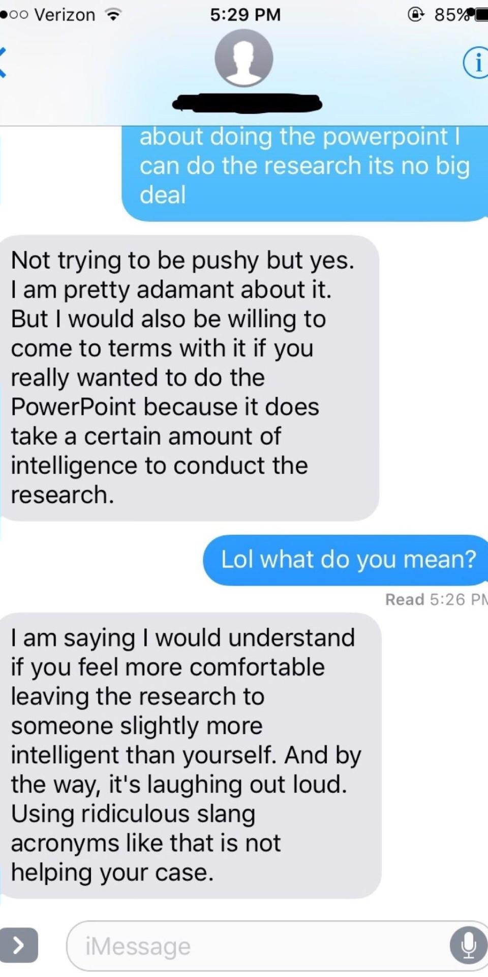 Conversation screenshots from messaging app discussing confusion over who did the majority of work on a PowerPoint research project