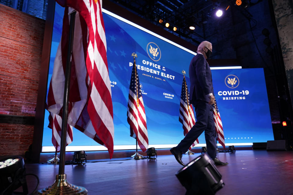 President-elect Joe Biden arrives to speak at The Queen theater, Tuesday, Dec. 29, 2020, in Wilmington, Del. (AP Photo/Andrew Harnik)