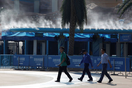 Steam emerges at the entrance to Chimelong Ocean Kingdom at Hengqin Island adjacent to Macau, China September 13, 2017. REUTERS/Bobby Yip