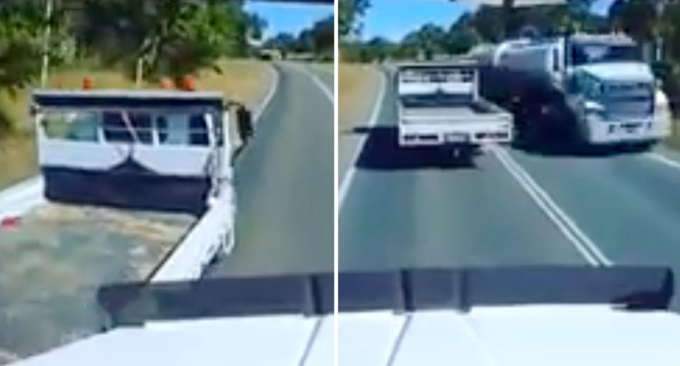 Dramatic footage showed a small truck nearly causing a serious collision on a country NSW highway.