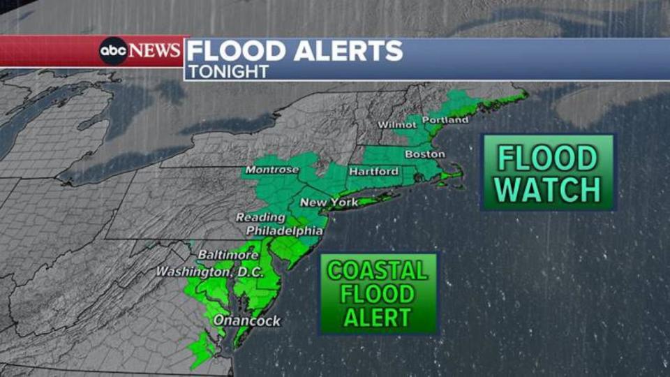 PHOTO: Tonight, flood alerts for more than 30 million people extend 11 states from Virginia to Maine with a mixture of flood watches and various coastal flood alerts. (ABC News)