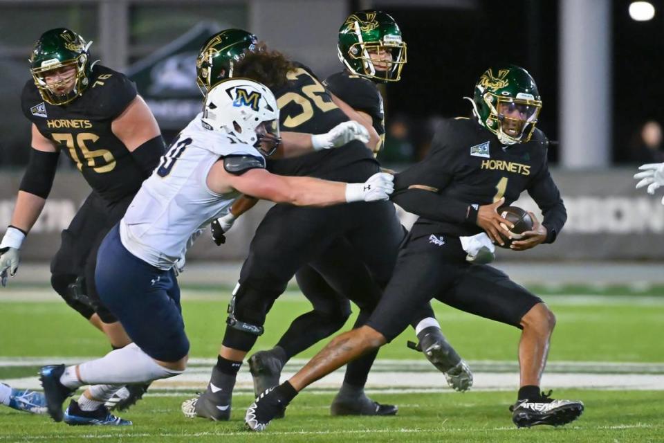 Sacramento State Hornets quarterback Kaiden Bennett (1) gets sacked by Montana State defensive end Brody Grebe (10) in the second half at Hornet Stadium on Saturday.