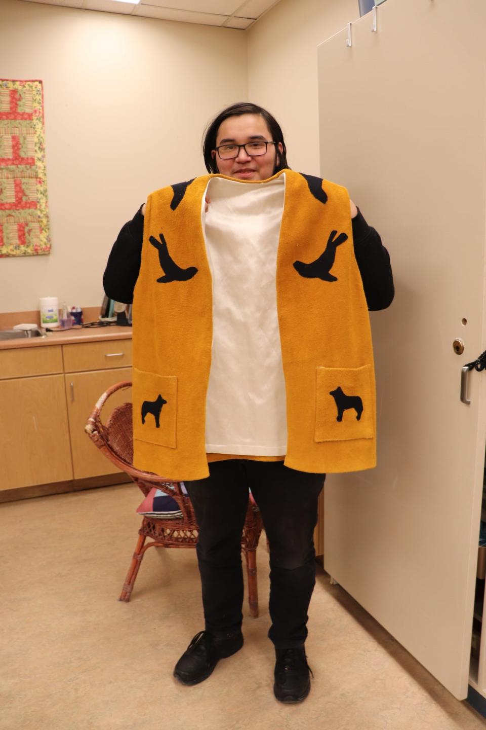 Shane Clenett, graduating from Porter Creek Secondary, decided to make moccasins and a vest as part of the Northern Cultural Expression Society’s Yukon First Nation Grad Regalia program.