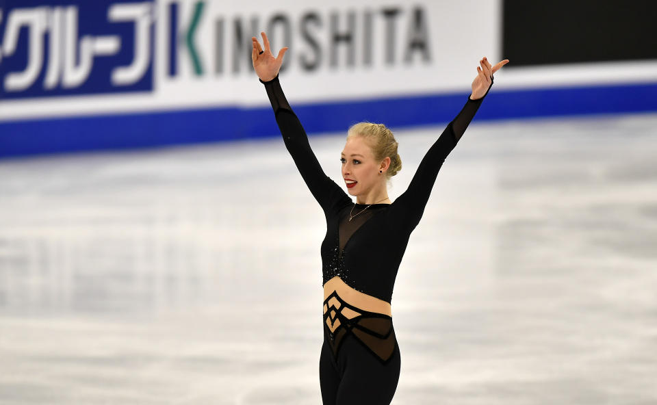 Bradie Tennell of the USA performs during the Ladies Short Program at the Figure Skating World Championships in Stockholm, Sweden, Wednesday, March 24, 2021. (AP Photo/Martin Meissner)
