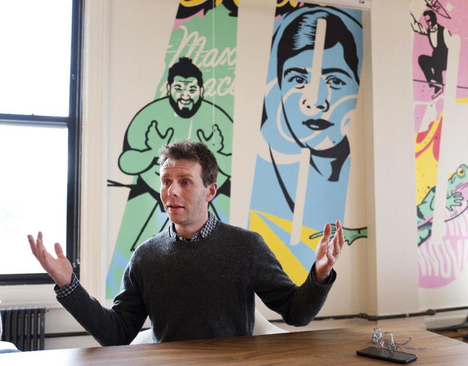 In this March 13, 2017 photo, Scott Heiferman, CEO of Meetup, talks during an interview in New York. The online networking site is partnering with a left-leaning labor union and a former Hillary Clinton aide to roll out a platform for organizing people who oppose President Donald Trump. (AP Photo/Mark Lennihan)