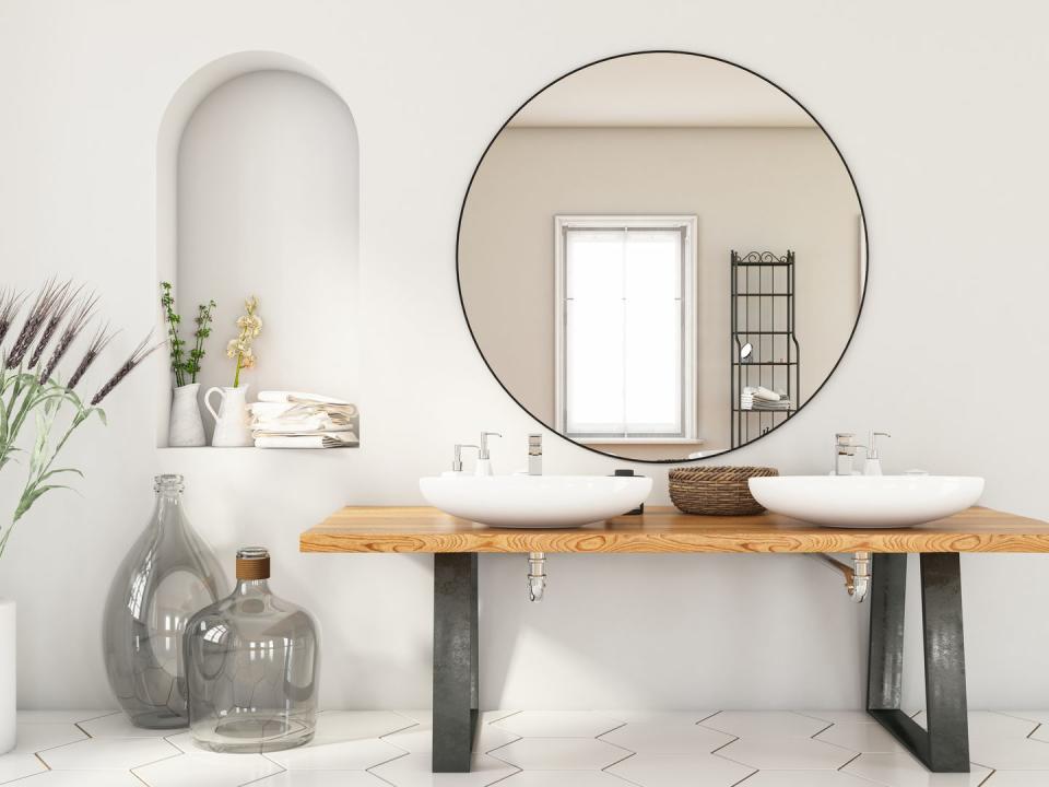 modern bathroom with two sinks and mirror 3d render
