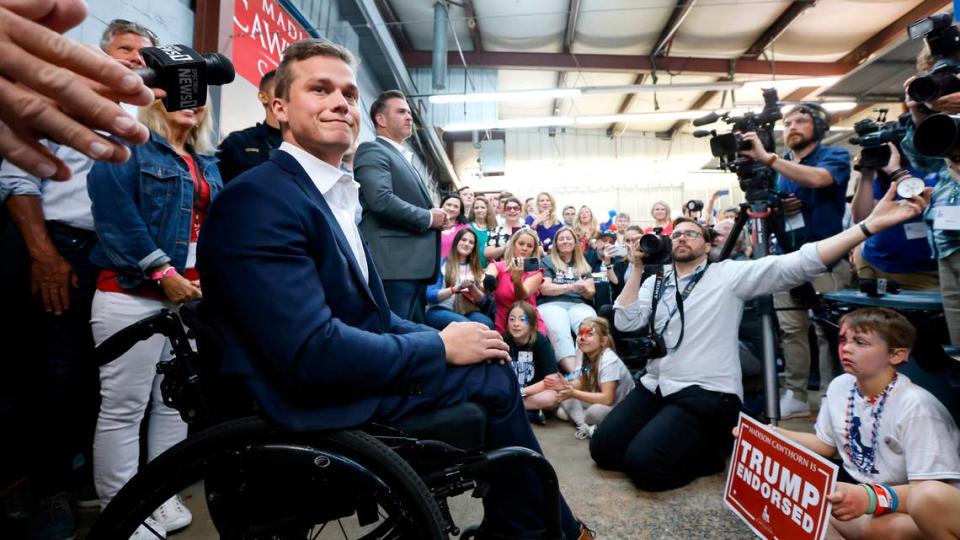 Rep. Madison Cawthorn speaks to supporters at his election campaign headquarters in Hendersonville, N.C., Tuesday, May 17, 2022.