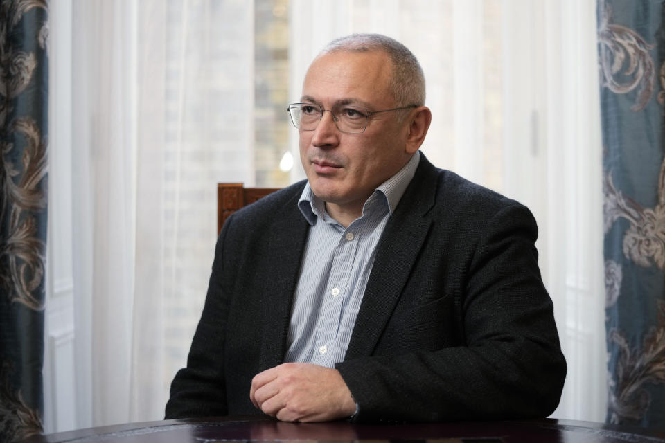 Exiled Russian businessman and opposition figure Mikhail Khodorkovsky poses during an interview in London, Tuesday, Jan. 16, 2024. Khodorkovsky, who now lives in London, is one of several Russian opposition politicians trying to build a coalition with grassroots anti-war groups across the world and exiled Russian opposition figures. They include Russian chess legend Garry Kasparov, Mikhail Kasyanov, a former Russian prime minister and Vladimir Kara-Murza Jr. who is currently serving a 25 year prison sentence in Russia for treason after criticizing Russia’s war in Ukraine. (AP Photo/Kin Cheung)