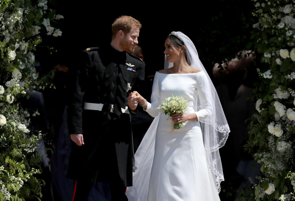 Prince Harry and Meghan Markle leave St George's Chapel in Windsor Castle after their wedding. (Photo by Jane Barlow/PA Images via Getty Images)