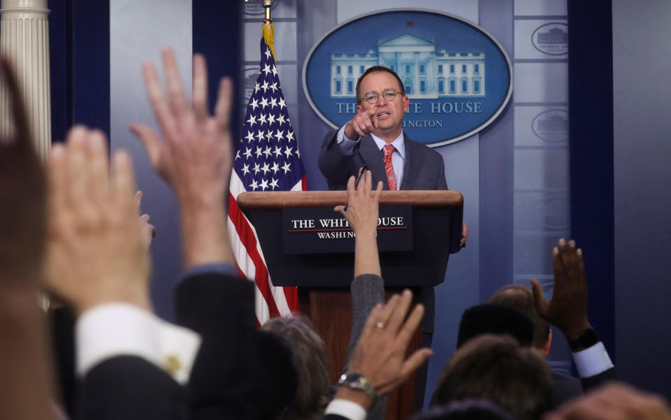 Acting White House Chief of Staff Mick Mulvaney answers questions from reporters during a news briefing at the White House in Washington, U.S., October 17, 2019. REUTERS/Leah Millis