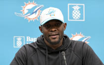 Miami Dolphins head coach Brian Flores talks to the media before practice at Baptist Health Training Complex in Hard Rock Stadium on Wednesday, October 20, 2021 in Miami Gardens, Florida, in preparation for their game against the Atlanta Falcons at Hard Rock Stadium on Sunday, October 24.(David Santiago/Miami Herald via AP)