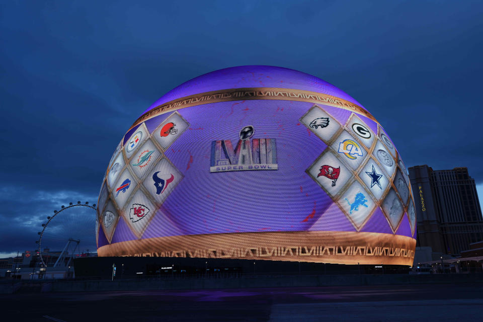 Super Bowl 58 graphics are projected onto the Sphere in Las Vegas.