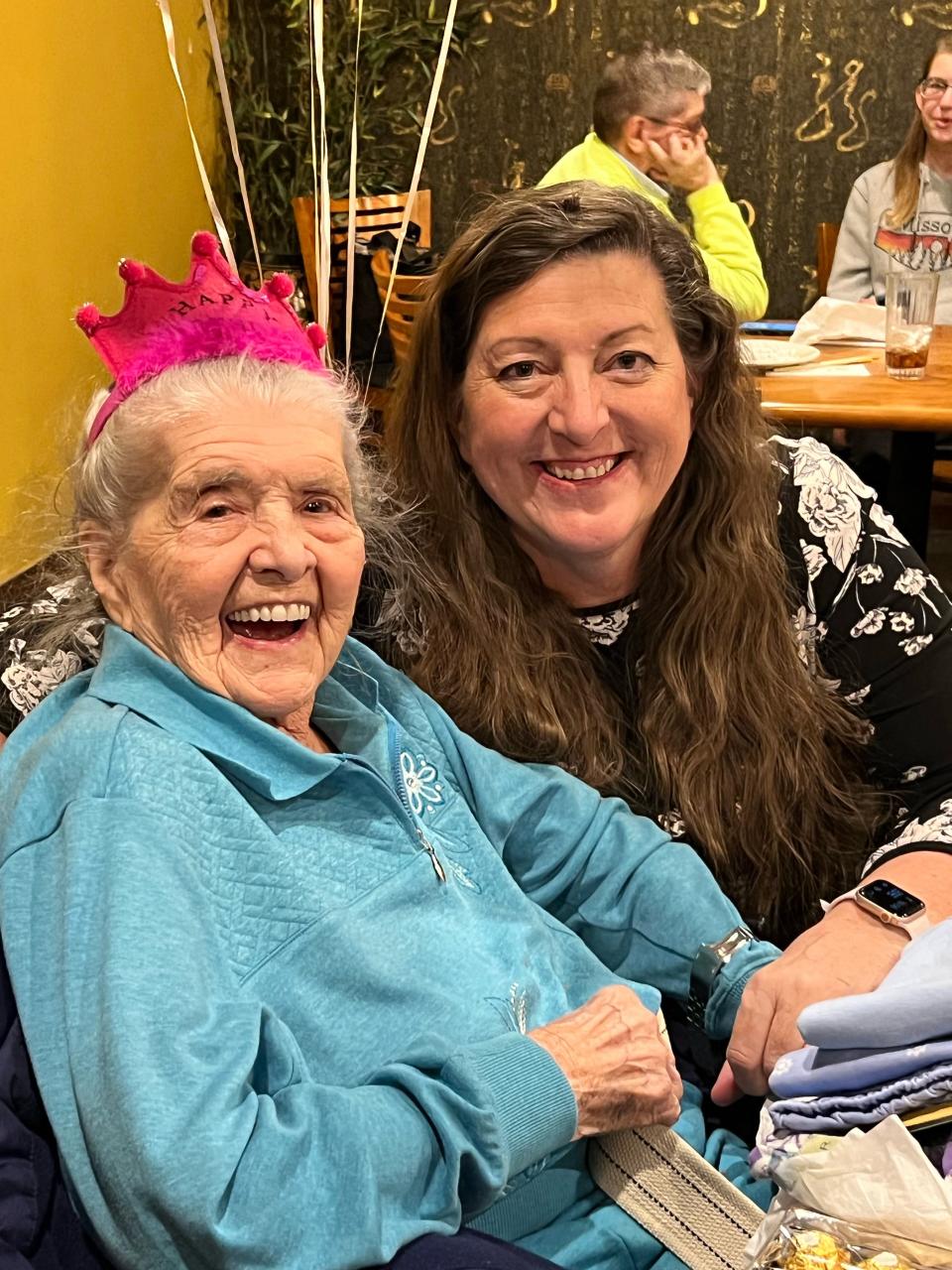 Helen Merrill on her 100th birthday, Jan. 6, 2022, with her oldest grandchild, Holly Richardson. | Tereza Richardson