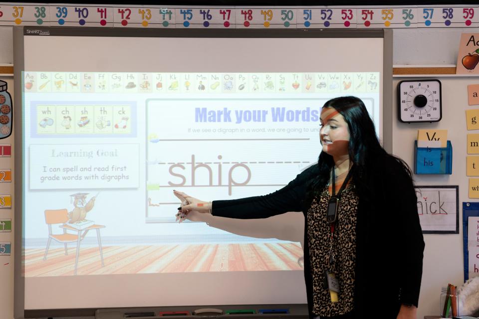 Oct 24, 2023; Clifton, NJ, USA; Keely Hassert teaches students in her first grade class phonemic awareness and foundational reading skills at Clifton School 17 on Tuesday, Oct. 14, 2023.