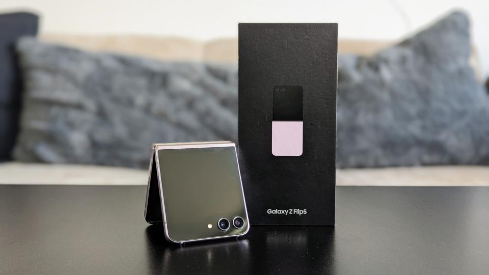 Samsung Galaxy Z Flip 5 with the retail box