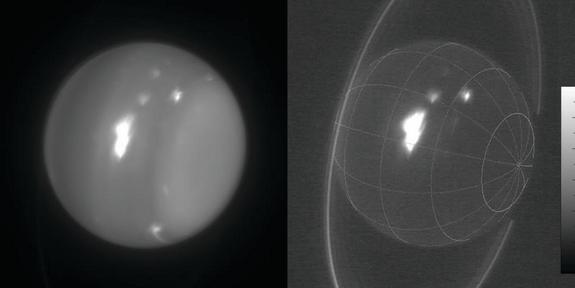 These infrared images of the planet Uranus show a white spot that is actually a massive storm on the planet. This image was recorded by the Keck II telescope atop Mauna Kea in Hawaii on Aug. 6, 2014 in the 2.2-micron wavelength.