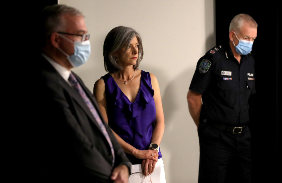 SA Health Minister Stephen Wade, Nicola Spurrier and SA Police Commissioner Grant Stevens.