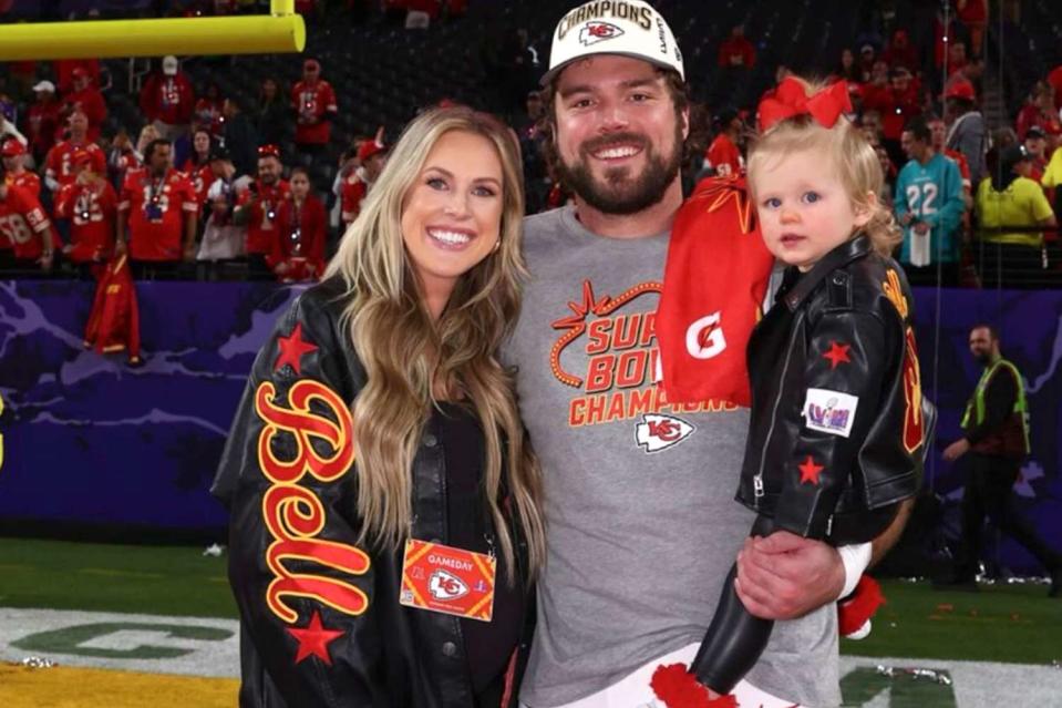 <p>Blake Bell/instagram</p> Lyndsey Bell, Blake Bell and daughter Brinleigh celebrate 2024 Super Bowl win
