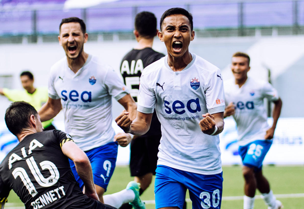 Lion City Sailors' Faris Ramli (right) celebrates during their 4-1 win over Tampines Rovers in the Singapore Premier League. (PHOTO: SPL)