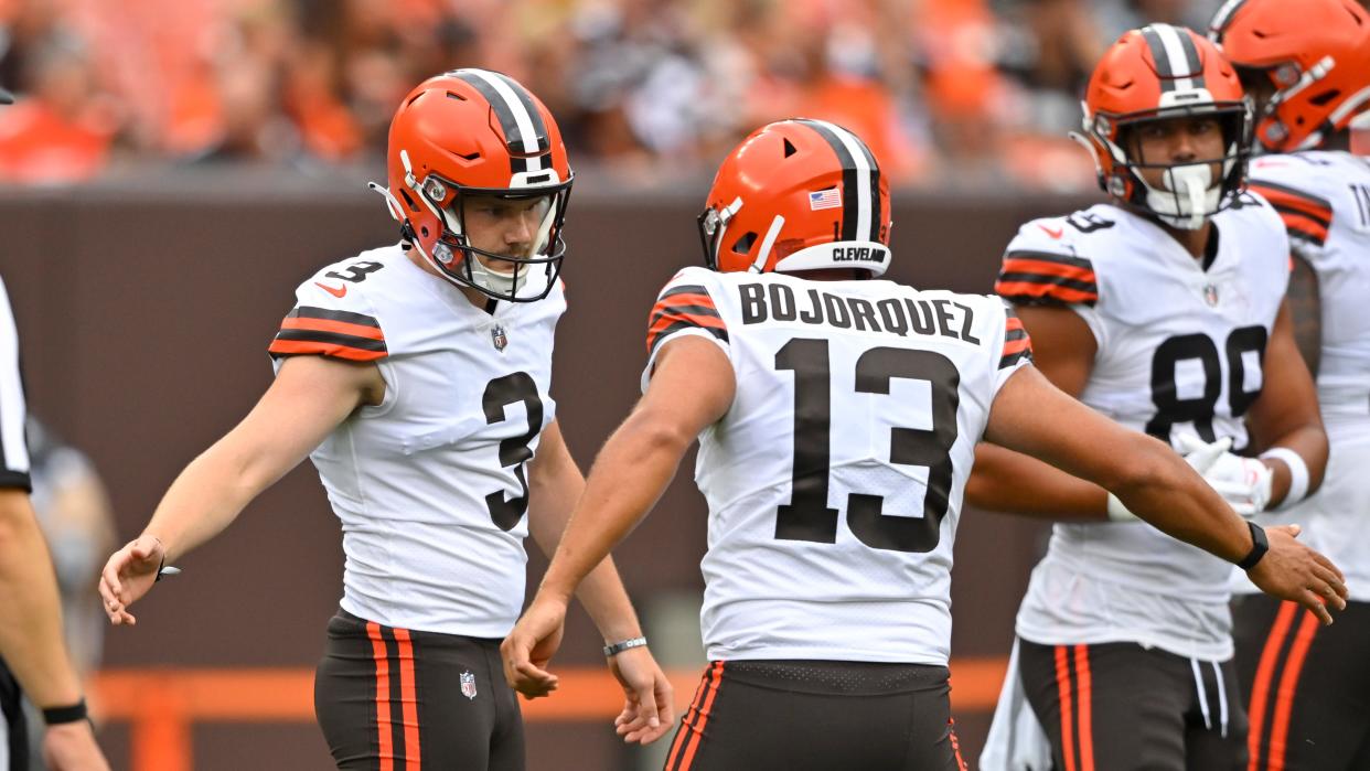 Cleveland Browns place kicker Cade York (3) celebrates with Corey Bojorquez after making a field goal over 50 yards during the first half of an NFL preseason football game in Cleveland, Sunday, Aug. 21, 2022. (AP Photo/David Richard)