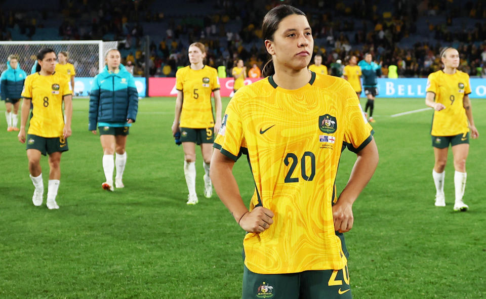 Sam Kerr, pictured here after the Matildas' loss to England in the semi-finals of the World Cup.