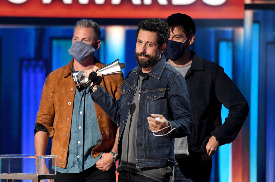 NASHVILLE, TENNESSEE - SEPTEMBER 16: (L-R) Trevor Rosen, Matthew Ramsey, and Geoff Sprung of Old Dominion accept the award for Group of the Year onstage during the 55th Academy of Country Music Awards at the Grand Ole Opry on September 16, 2020 in Nashville, Tennessee. The ACM Awards airs on September 16, 2020 with some live and some prerecorded segments. (Photo by Kevin Mazur/ACMA2020/Getty Images for ACM)