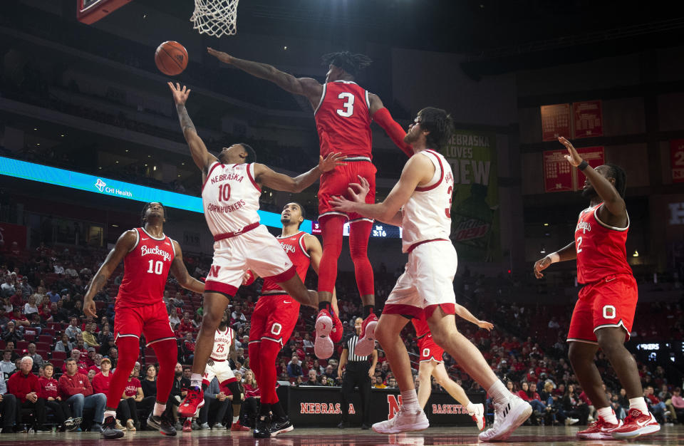 Nebraska's Jamarques Lawrence (10) makes a layup against Ohio State during the first half of an NCAA college basketball game Wednesday, Jan. 18, 2023, in Lincoln, Neb. (Justin Wan/Lincoln Journal Star via AP)