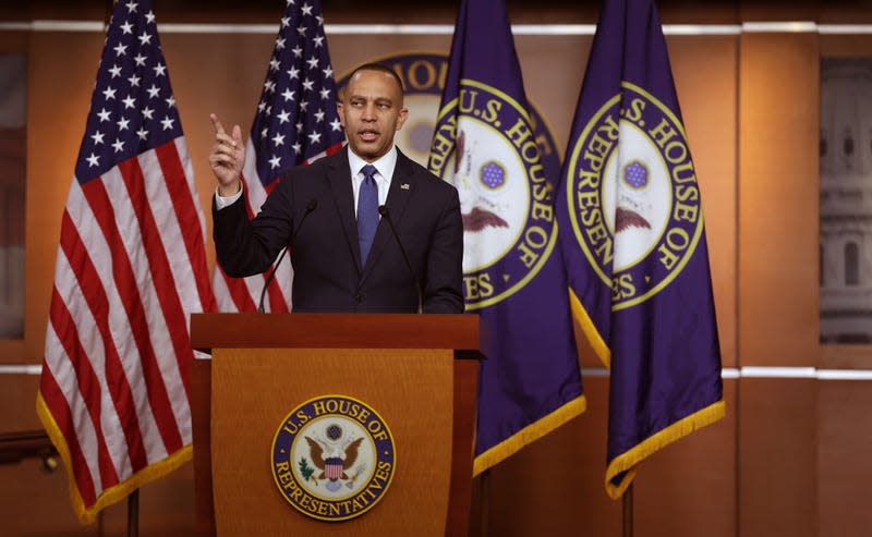 WASHINGTON, DC - DECEMBER 14: House Minority Leader Hakeem Jeffries (D-NY) holds a press conference at the U.S. Capitol on December 14, 2023 in Washington, DC. Jeffries spoke on the passage of the National Defense Authorization Act and other year end legislative matters. 