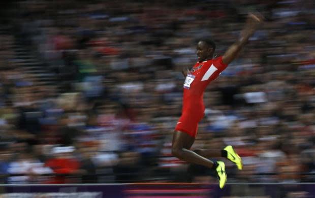 Will Claye of the U.S. competes in the men's long jump final during the London 2012 Olympic Games at the Olympic Stadium August 4, 2012.