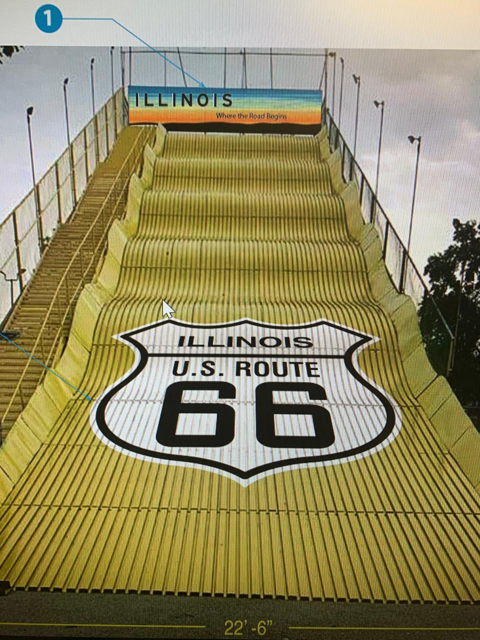 This is a prototype of the Route 66 logo the Springfield Convention and Visitors Bureau is looking to add to the Giant Slide at the Illinois State Fairgrounds. Doug Knight of Springfield finalized the purchase of the slide on Saturday. The SCVB will begin a promotional campaign around the slide in anticipation of the centennial of Route 66 in 2026.