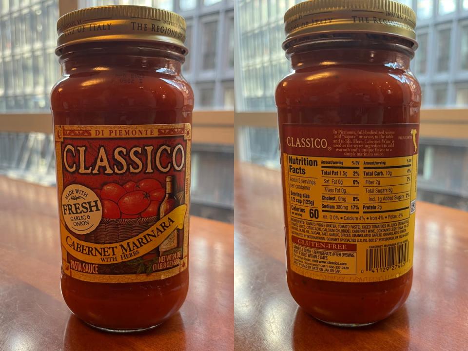 Front of Classico marinara sauce jar; Back of Classico marinara sauce jar with nutrition facts