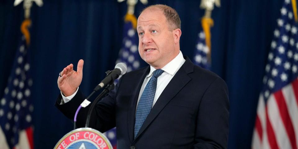 Colorado Gov. Jared Polis speaks during a press conference on Tuesday, April 20, 2021, in Denver.