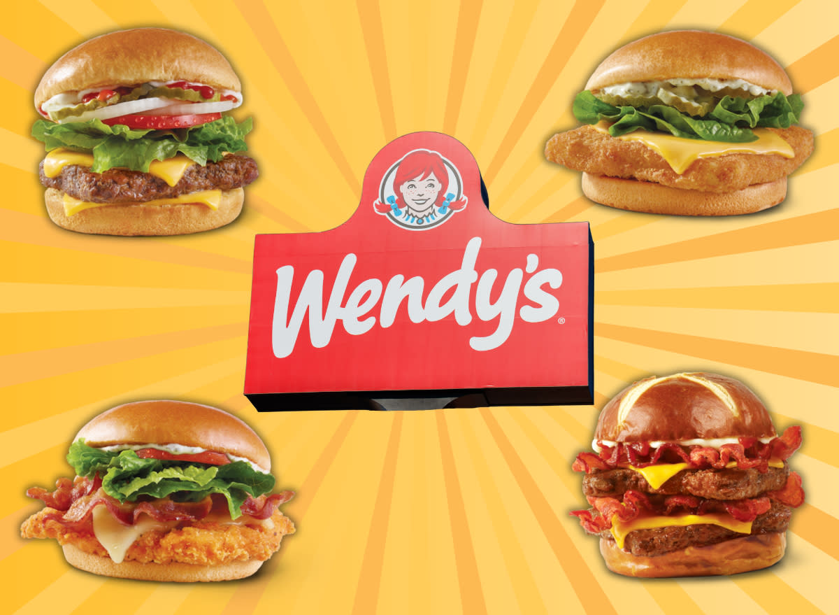 a collage of chicken sandwiches fish sandwiches and burgers from Wendy's menu on a designed background