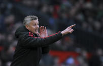 FILE Manchester United manager Ole Gunnar Solskjaer gestures during the English Premier League soccer match between Manchester United and West Ham United at Old Trafford in Manchester, England, Saturday, April 13, 2019. Manchester United has fired Ole Gunnar Solskjaer after three years as manager after a fifth loss in seven Premier League games. United said a day after a 4-1 loss to Watford that “Ole will always be a legend at Manchester United and it is with regret that we have reached this difficult decision." (AP Photo/Rui Vieira, file)