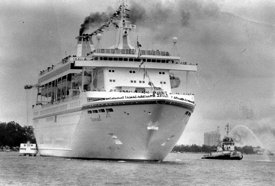 The M.S. Seaward arrives in Miami, the newest NCL ship at the port in Miami in 1988.