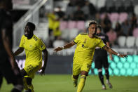 Nashville midfielder Hany Mukhtar celebrates scoring a goal against Inter Miami during the first half of an MLS soccer match, Wednesday, Sept. 22, 2021, in Fort Lauderdale, Fla. (AP Photo/Rebecca Blackwell)