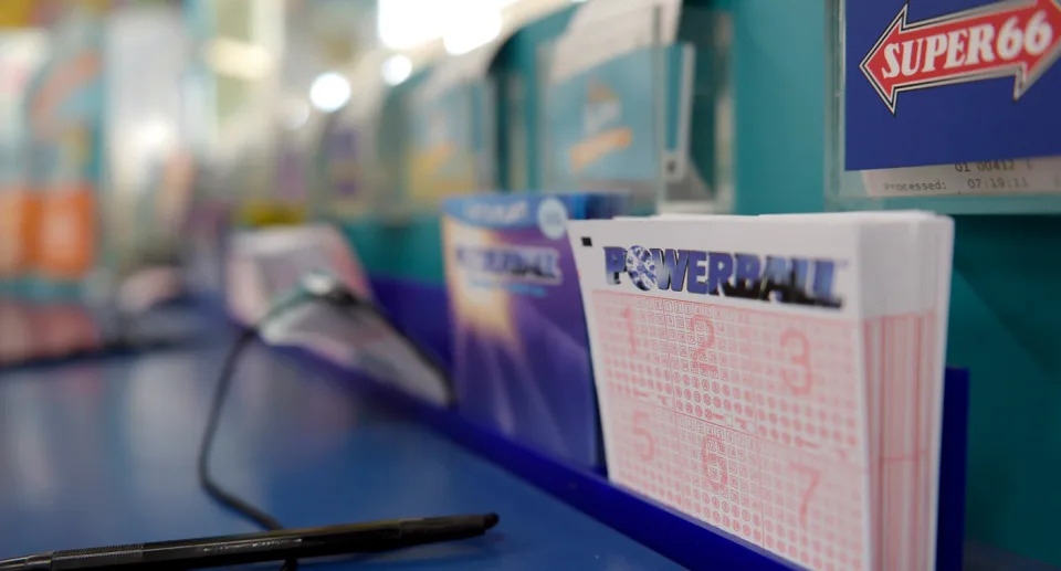 Powerball tickets in a stand at a newsagency.