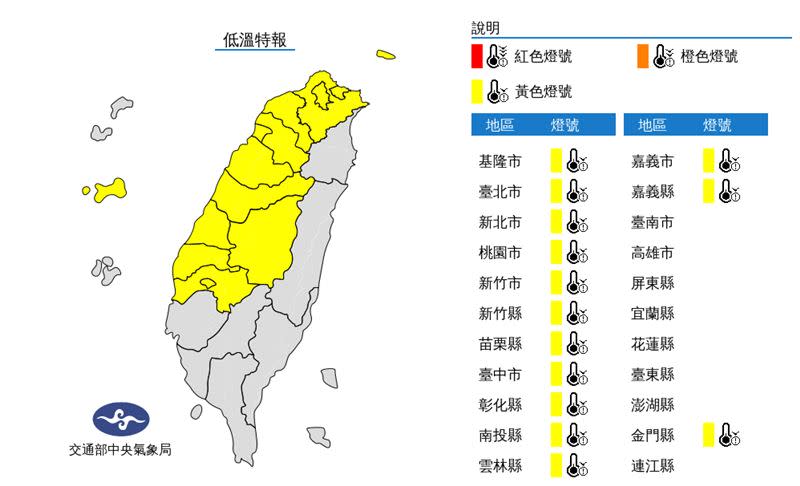 低溫特報縣市一覽。（圖／中央氣象局）