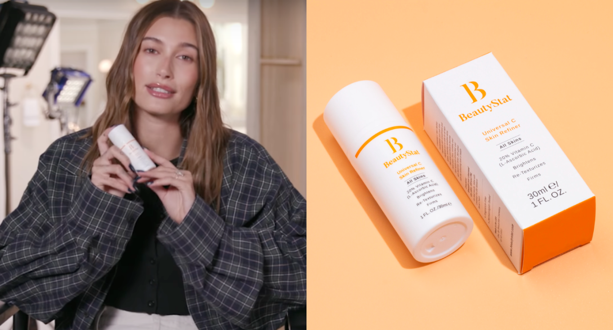 Hailey Bieber swears by BeautyStat's Universal C Skin Refiner for glowing skin. Images via Youtube, BeautyStat.