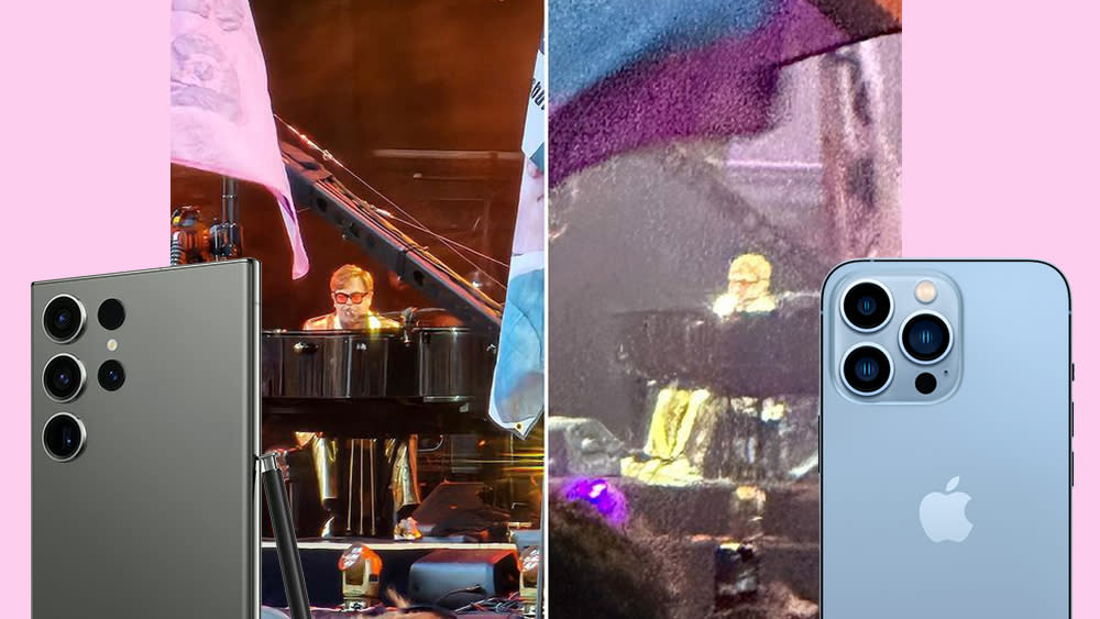  Images of Elton John at Glastonbury Festival taken on a Samsung Galaxy S23 Ultra and an iPhone 14 Pro Max 