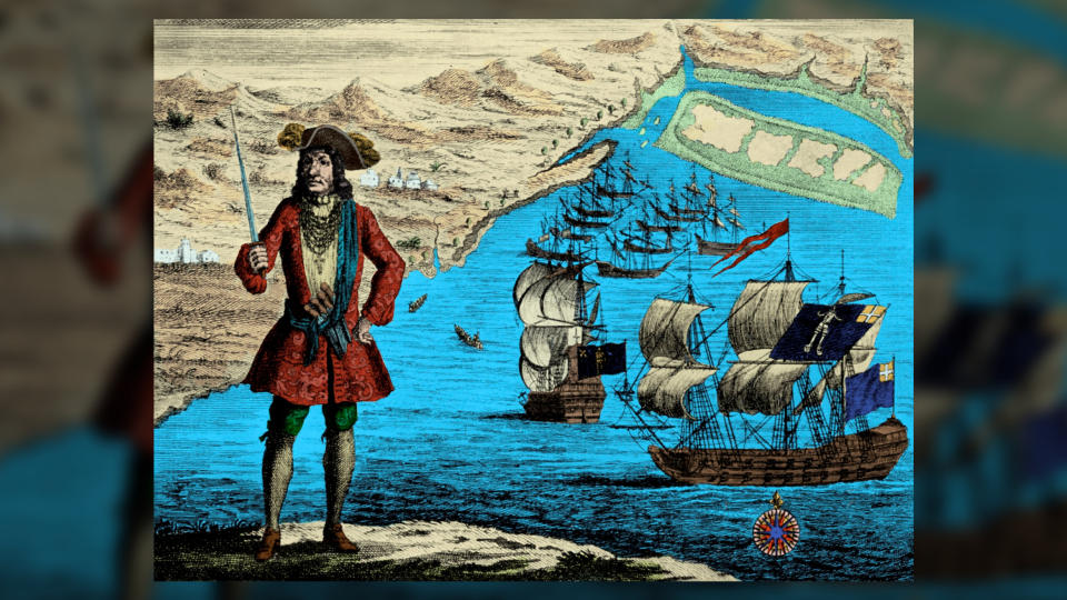 An engraving of Captain Bartholomew Roberts, or Black Bart, on the coast of Guinea.