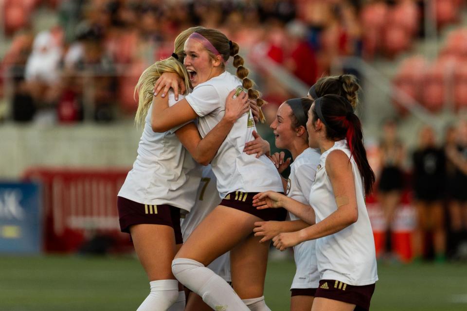 Maple Mountain celebrates Hannah Bailey’s goal during their game against Olympus during the 5A girls soccer semifinals at Zions Bank Stadium in Herriman on Tuesday, Oct. 17, 2023. | Megan Nielsen, Deseret News