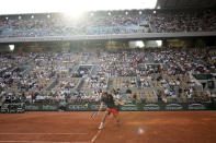 Germany's Alexander Zverev plays a shot against Argentina's Tomas Martin Etcheverry during their quarterfinal match of the French Open tennis tournament at the Roland Garros stadium in Paris, Wednesday, June 7, 2023. (AP Photo/Christophe Ena)