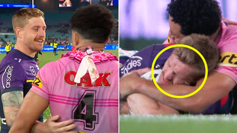 Cameron Munster (pictured left) addressed Paul Alamoti after NRL grand final as they settled the 'biting' allegation during the game. (Images: Channel Nine)