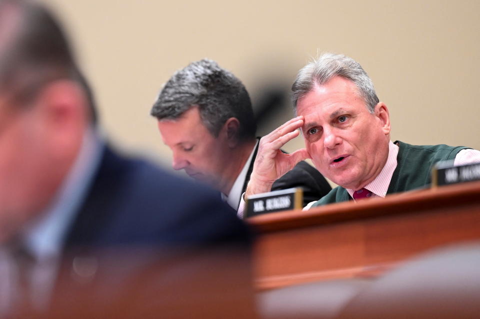 U.S. Representative Buddy Carter (R-GA) addresses U.S. Office of Management and Budget Director Shalanda Young during a U.S. House Budget Committee hearing on U.S. President Joe Biden's budget plan for the fiscal year 2023, in Washington, U.S., March 29, 2022. Roberto Schmidt/Pool via REUTERS