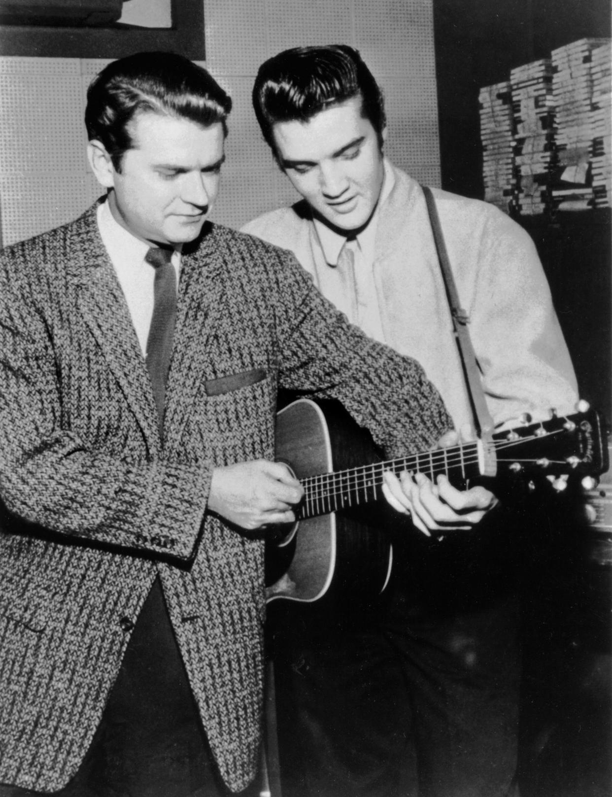 December 4, 1956: Sam Phillips and Elvis Presley when Elvis stopped by Phillips' studio and joined Johnny Cash, Carl Perkins and Jerry Lee Lewis for an impromptu jam session that became known as 