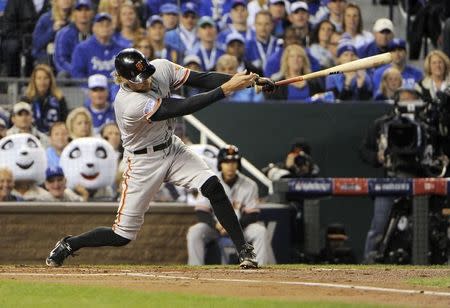 San Francisco Giants right fielder Hunter Pence hits a single against the Kansas City Royals in the second inning during game seven of the 2014 World Series at Kauffman Stadium. John Rieger-USA TODAY Sports