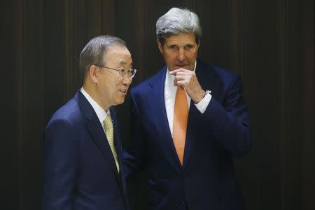 U.S. Secretary of State John Kerry (R) meets with U.N. Secretary-General Ban Ki-moon in Jerusalem July 23, 2014. Kerry said on Wednesday some progress had been made in efforts to bring an end to 16 days of fighting between Israel and the Islamist group Hamas. REUTERS/Charles Dharapak/Pool