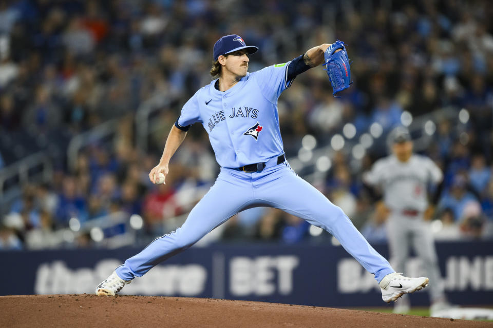 Toronto Blue Jays pitcher Kevin Gausman (34) throws during the first inning of baseball game against the Minnesota Twins, Saturday, May 11, 2024, in Toronto. (Chris Katsarov/The Canadian Press via AP)