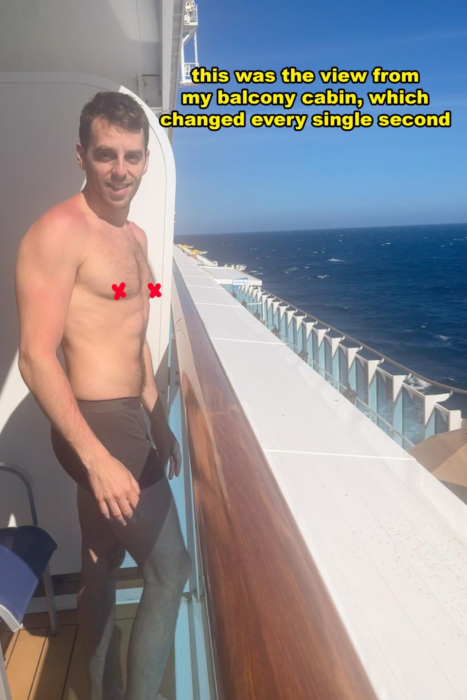 Man standing on a cruise ship balcony overlooking the ocean, text overlay about changing views